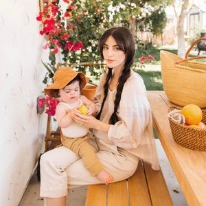 Everlane ruched air blouse plaid balloon sleeve neutral